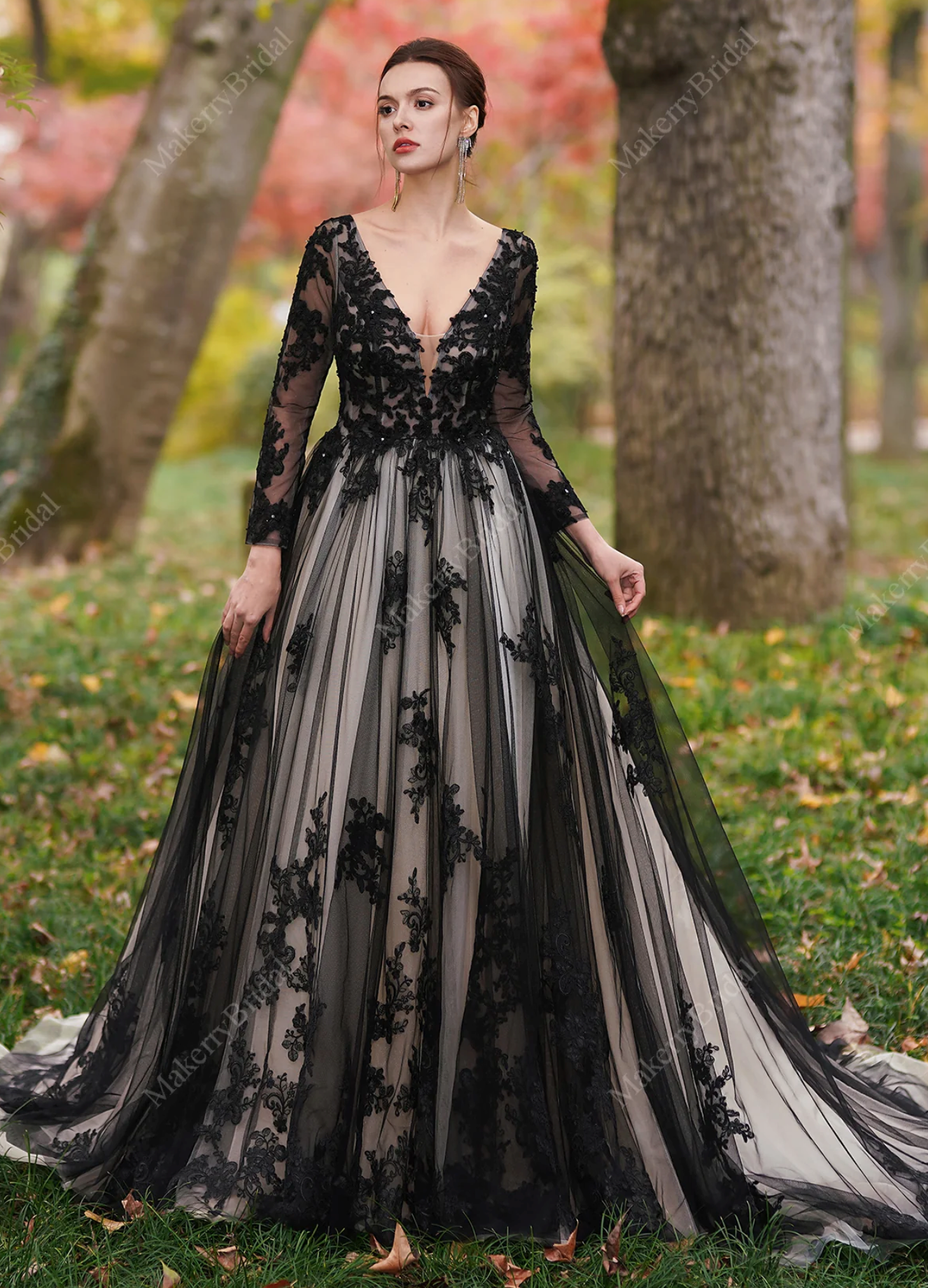 Gothic Black A-Line Wedding Dresses Illusion Sexy O-Neck Long Sleeve C –  ROYCEBRIDAL OFFICIAL STORE